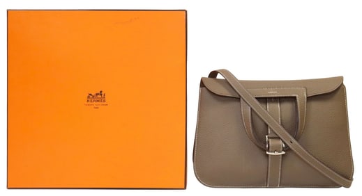 HERMES 'HALZAN 31' GREY CLEMENCE LEATHER TWO-WAY TOP HANDLE BAG