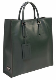 PRADA 'NORTH-SOUTH' TEAL SAFFIANO GRAINED LEATHER LARGE TOTE BAG