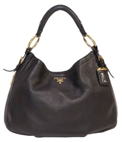 PRADA BLACK VITELLO DAINO LEATHER HOBO SHOULDER BAG