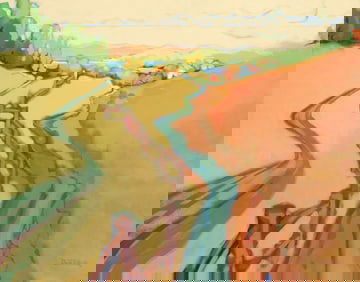 DON TILLER (AMERICAN, 20TH C.) ACRYLIC PAINTING, 'LITTLE PINK HOUSES'