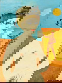 FRITZ FURTO (20TH C.) SURREALIST STYLE PAINTING WOMAN & CAT