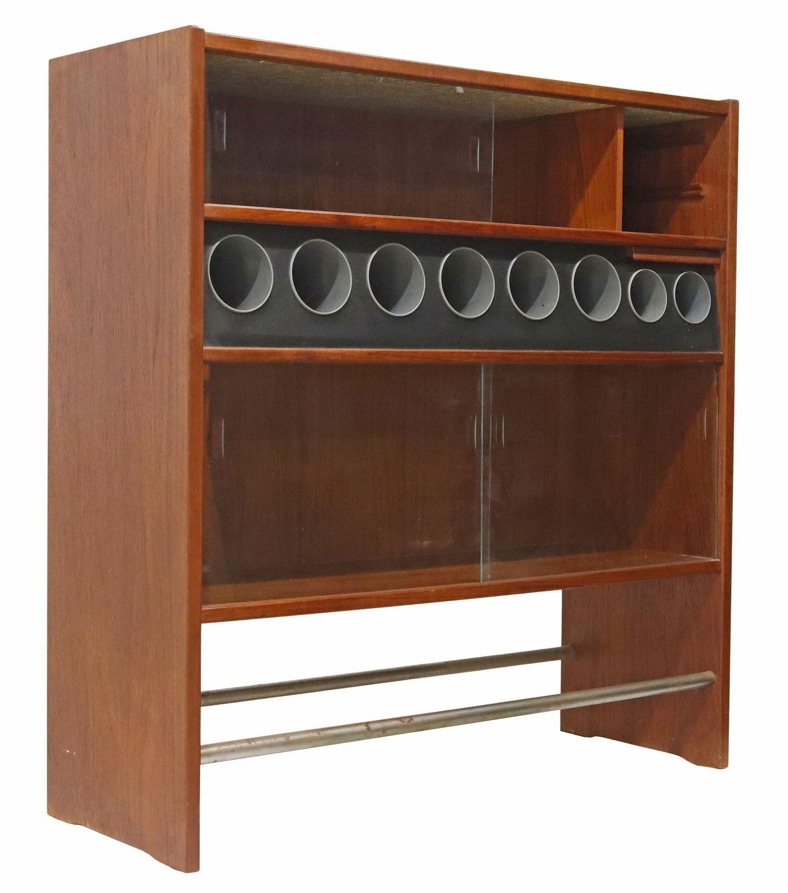 ERIK BUCH (1923-1982) DANISH MID-CENTURY MODERN DRY BAR CABINET: Danish mid-century modern teak dry bar cabinet, attributed to Erik Buch (Danish, 1923-1982), c.1960s, sliding doors, small pull-out tray, horizontal row of bottle holders, tubular steel rails, later m