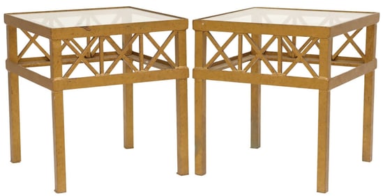 (2) CONTEMPORARY GLASS-TOP GILT PAINTED IRON SIDE TABLES
