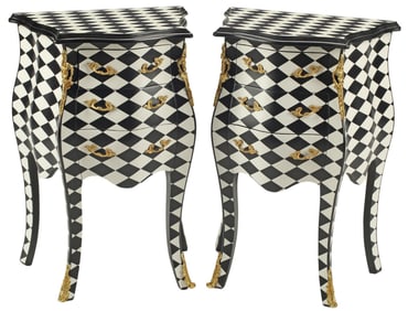 (2) HOLLYWOOD REGENCY STYLE BLACK & WHITE HARLEQUIN PATTERN NIGHTSTANDS