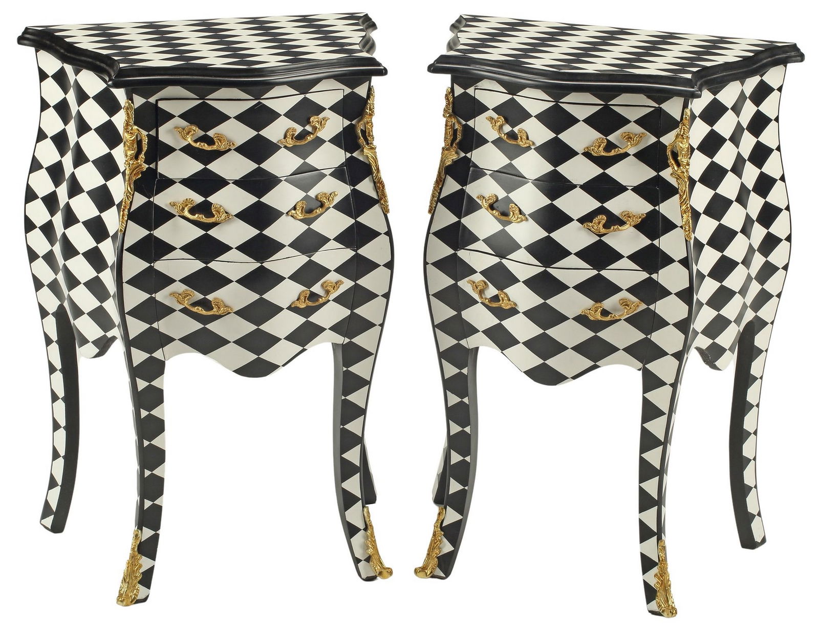 (2) HOLLYWOOD REGENCY STYLE BLACK & WHITE HARLEQUIN PATTERN NIGHTSTANDS (1 of 4)