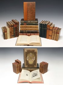 (34) ANTIQUE FRENCH LEATHER-BOUND & MARBELIZED LIBRARY SHELF BOOKS