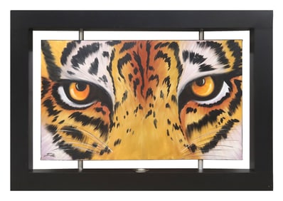 CURVED CANVAS TIGER EYES PAINTING IN ILLUMINATED FRAME, 35" X 50.5"