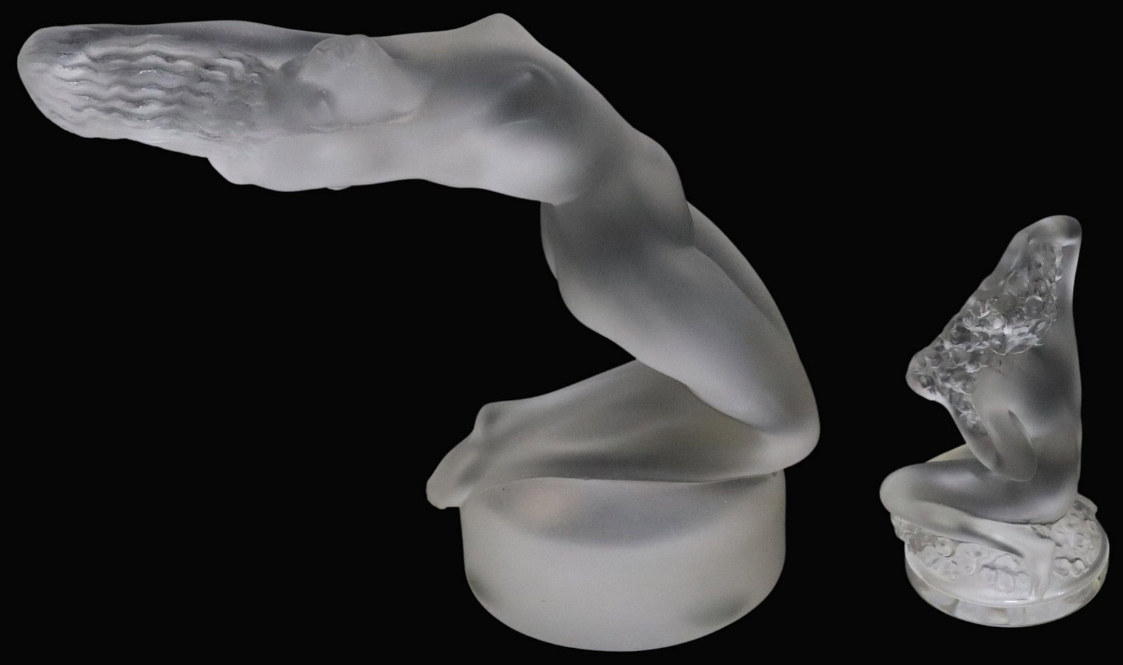 (2) FRENCH LALIQUE ART GLASS FEMALE FIGURES: (lot of 2) French Lalique art glass sculptures, engraved signatures Lalique France, including: (1) "Chrysis," approx 5.75"h, (1) "Floreal," approx 3.25"h, 1.75lbs to