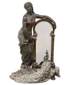 ORIENTALIST PATINATED METAL BEAUTY & PEACOCK MIRROR, 31.5"H