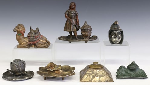 (7) COLLECTION OF FIGURAL GILT & PATINATED METAL INKWELLS, 1 ORIENTALIST CAMEL-FORM