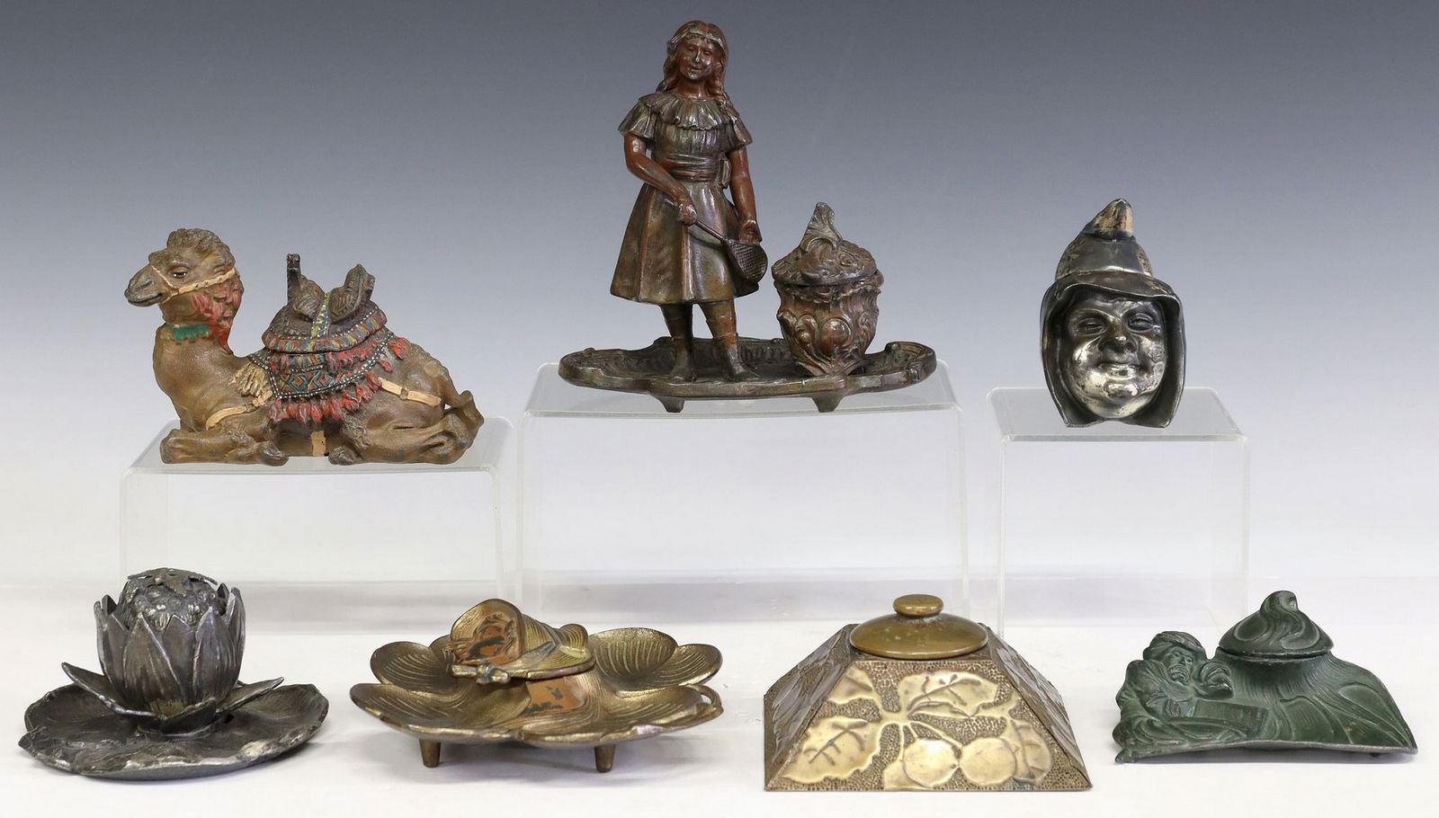(7) COLLECTION OF FIGURAL GILT & PATINATED METAL INKWELLS, 1 ORIENTALIST CAMEL-FORM (1 of 4)