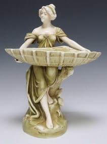 ART NOUVEAU STYLE PORCELAIN MAIDEN HOLDING SHELL BOWL