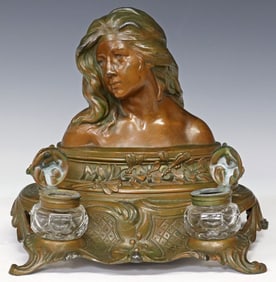 ART NOUVEAU SPELTER 'MIGNON' DOUBLE INKWELL DESK STAND