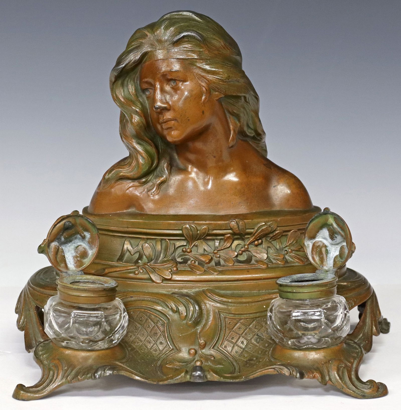 ART NOUVEAU  SPELTER 'MIGNON' DOUBLE INKWELL DESK STAND (1 of 5)