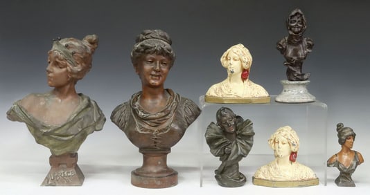 (7) ART NOUVEAU FEMALE BUSTS, 2 AFTER EMMANUEL VILLANIS (1858-1914)