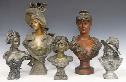 (5) ART NOUVEAU PATINATED METAL BUSTS, 1 AFTER EMMANUEL VILLANIS (1858-1914)