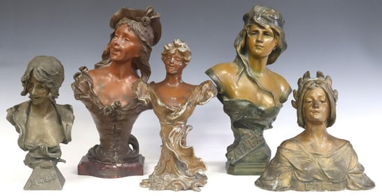(5) ART NOUVEAU PATINATED METAL BUSTS, 1 AFTER SYLVIAN KINSBURGER (1855-1935)