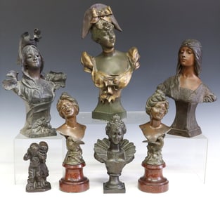 (7) ART NOUVEAU PATINATED METAL FEMALE BUSTS, 1 AFTER COUDRAY (1863-1932)