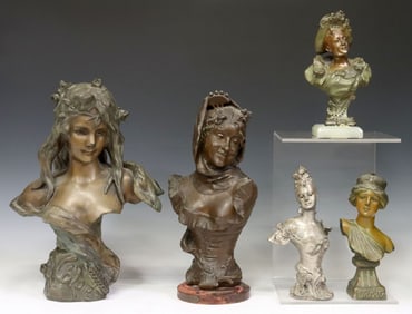 (5) ART NOUVEAU PATINATED METAL FEMALE BUSTS