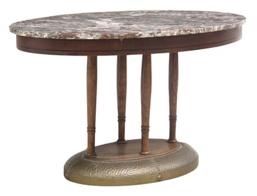 ART DECO PERIOD MARBLE-TOP OAK & BRASS OVAL ACCENT TABLE