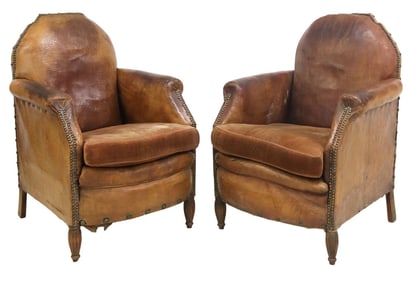 (2) FRENCH ART DECO PATINATED LEATHER & VELVET SEAT CLUB CHAIRS
