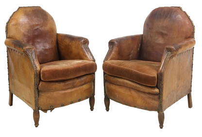 (2) FRENCH ART DECO PATINATED LEATHER & VELVET SEAT CLUB CHAIRS (1 of 3)