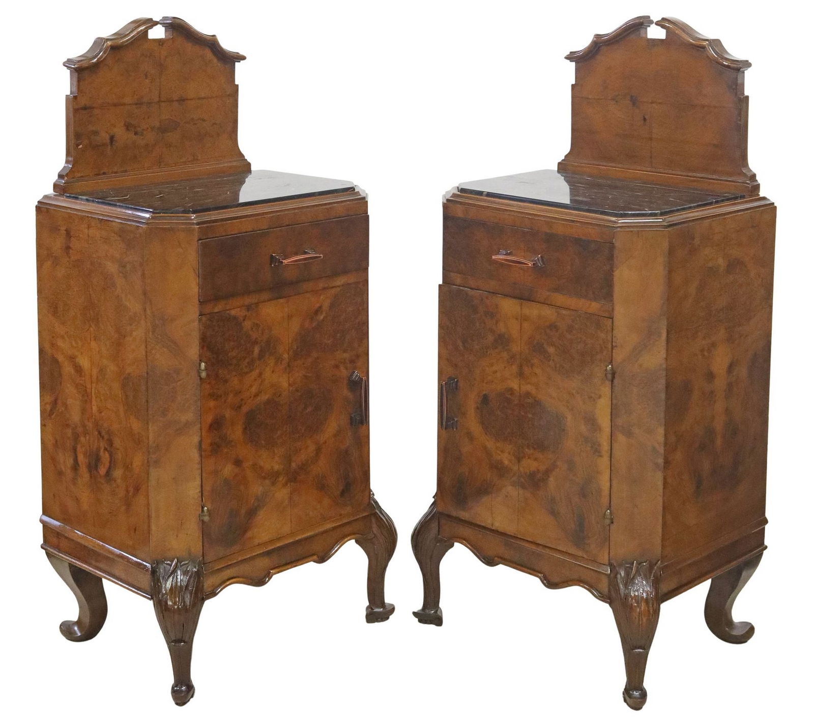 (2) ITALIAN ART DECO MARBLE-TOP WALNUT BEDSIDE CABINETS (1 of 6)