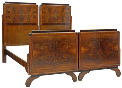 (2) ITALIAN ART DECO BURLED WALNUT & ROSEWOOD BEDS