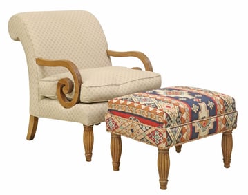 (2) HIGHLAND HOUSE UPHOLSTERED ARMCHAIR & OTTOMAN