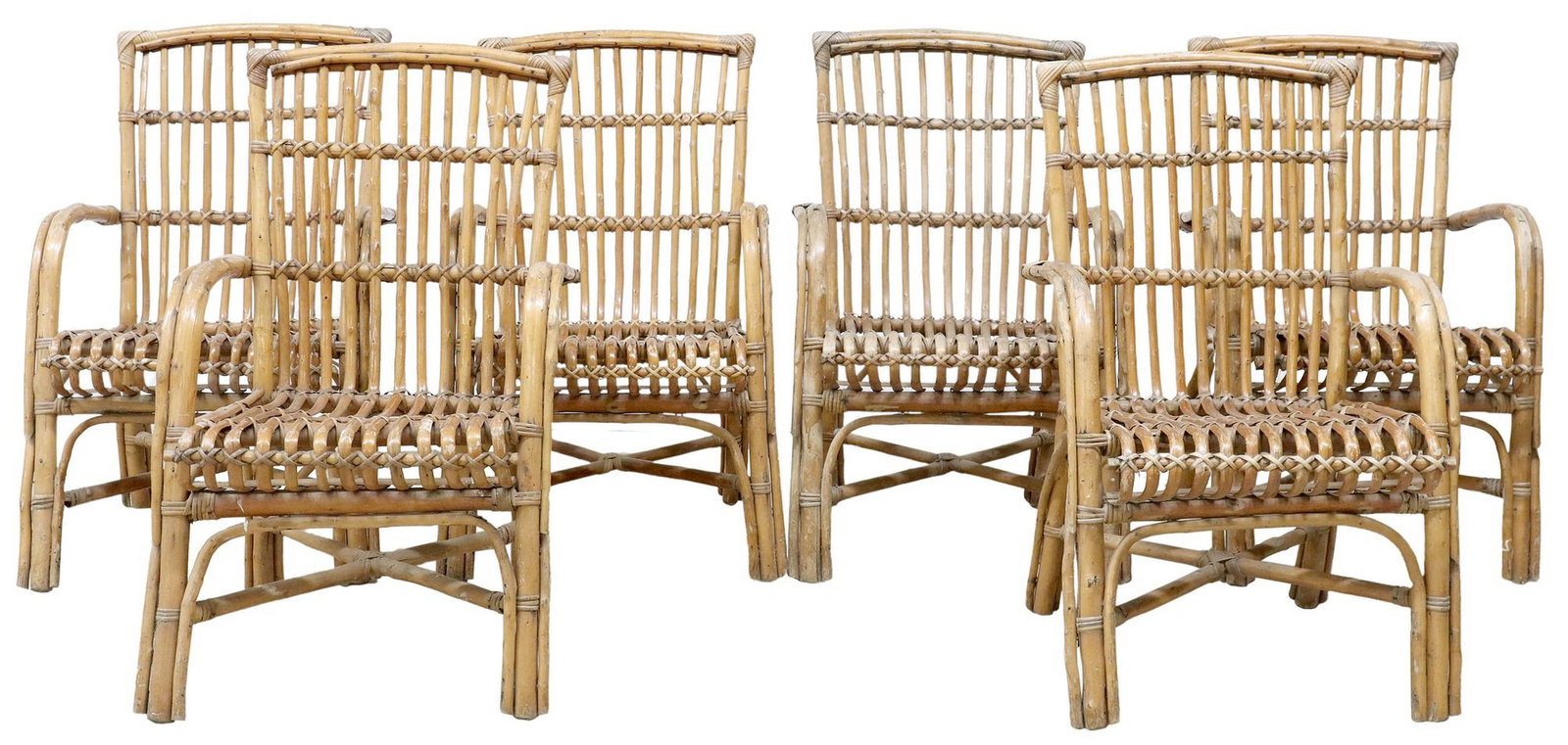 (6) VINTAGE ITALIAN BAMBOO & RATTAN ARMCHAIRS: (lot of 6) Italian bamboo and rattan armchairs, mid 20th c., each having continuous slatted back and seat, arched arms, rising on stretcher-joined supports, approx 34"h, 22"w, 22"d