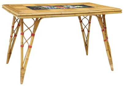 AUDOUX-MINET (ATTRIB) FRENCH SPLIT BAMBOO & CERAMIC TILE TABLE