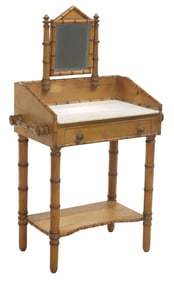 DIMINUTIVE FRENCH MARBLE-TOP FAUX BAMBOO VANITY, 35"H