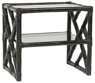 BLACK PAINTED BAMBOO & RATTAN TWO-TIER SIDE TABLE
