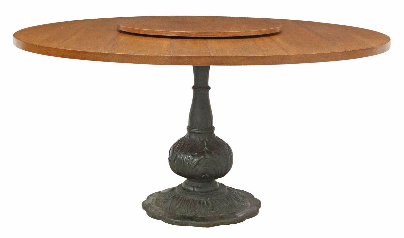 LARGE OAK & CAST IRON PEDESTAL DINING TABLE WITH LAZY SUSAN (1 of 5)