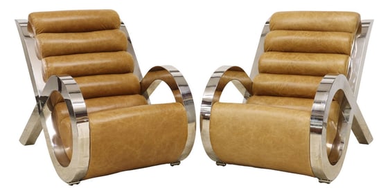 (2) FRENCH MODERN LEATHER & CHROME LOUNGE CHAIRS