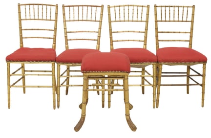 (5) ITALIAN CHIAVARI STYLE GILT PAINTED UPHOLSTERED SIDE CHAIRS & STOOL