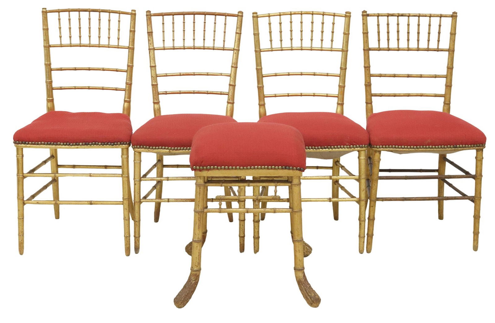 (5) ITALIAN CHIAVARI STYLE GILT PAINTED UPHOLSTERED SIDE CHAIRS & STOOL (1 of 5)