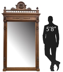 LARGE FRENCH RENAISSANCE REVIVAL CARVED OAK MIRROR, 82.5" X 43"