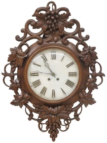 BLACK FOREST STYLE CARVED GRAPE VINES WALL CLOCK WITH MARBLE DIAL