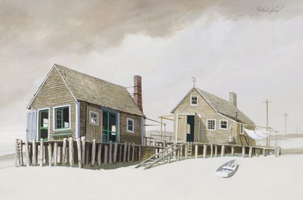 RICHARD WHORF (1906-1966) PAINTING BEACH HOUSES, 24" X 36"