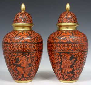 (2) ITALIAN LONGO PARCEL-GILT CHINOISERIE PORCELAIN VASES & COVERS