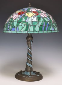 TIFFANY STYLE STAINED GLASS TULIP & DRAGONFLY TABLE LAMP