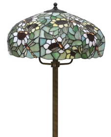 TIFFANY STYLE STAINED & LEADED GLASS DRAGONFLY FLOOR LAMP