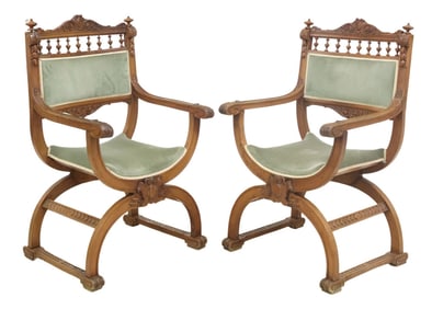 (2) RENAISSANCE REVIVAL UPHOLSTERED WALNUT CURULE ARMCHAIRS