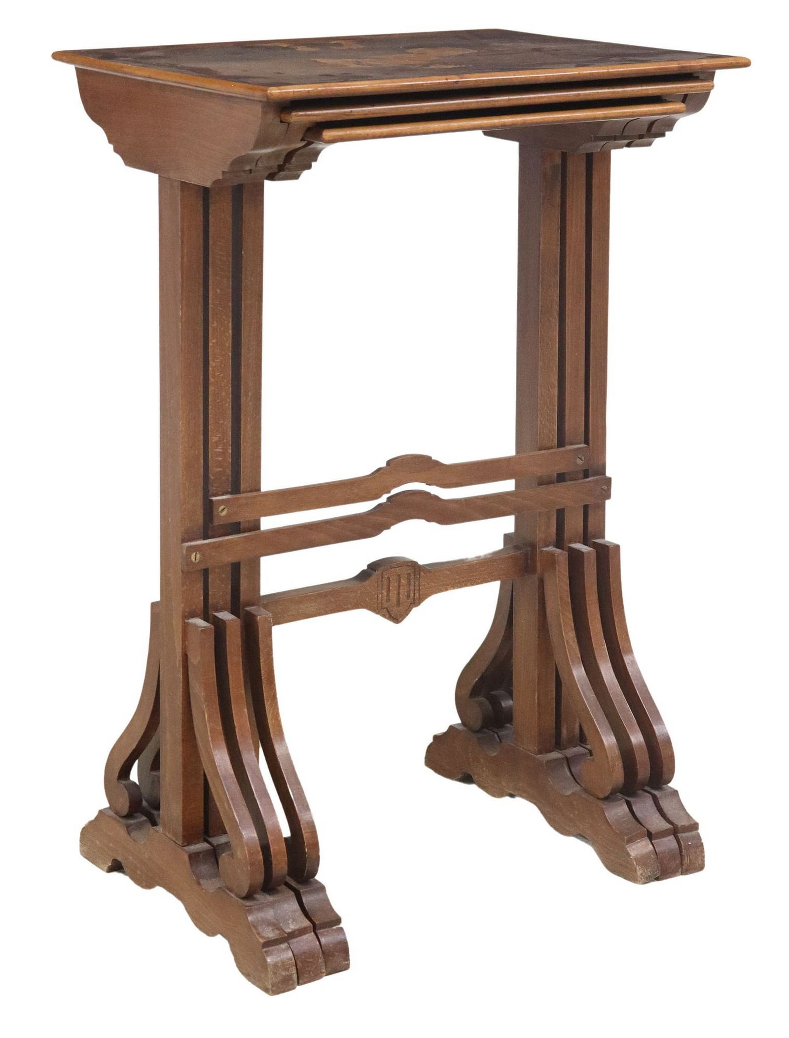 (3) FIGURAL MARQUETRY NESTING TABLES, AFTER JACQUES CALLOT ETCHINGS: (lot of 3) Continental figural marquetry nesting tables, 20th c., each top with unique inlaid figure, after an etching from "Les Gueux (The Beggars)" by Jacques Callot (French/ Italian, 1592