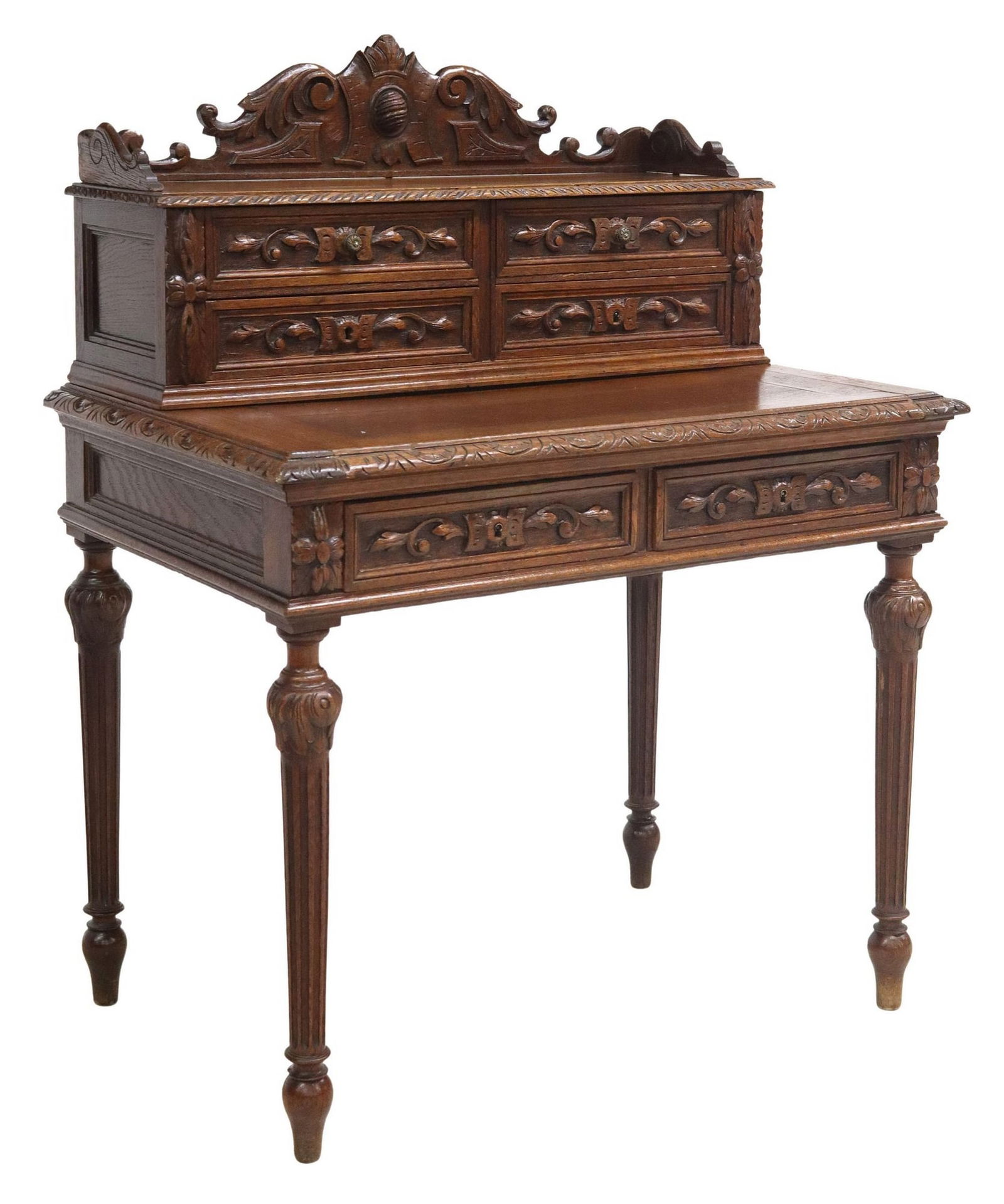 FRENCH HENRI II STYLE CARVED OAK WRITING DESK (1 of 5)
