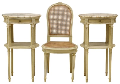 (3) FRENCH LOUIS XVI STYLE PAINTED NIGHTSTANDS & SIDE CHAIR