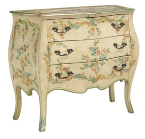 VENETIAN LOUIS XV STYLE PAINT DECORATED BOMBE COMMODE