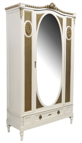 FRENCH LOUIS XVI STYLE PARCEL-GILT CANED & PAINTED ARMOIRE