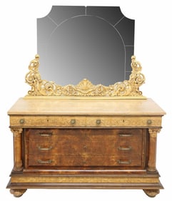ITALIAN EMPIRE REVIVAL FIGURED WALNUT MIRRORED DRESSING COMMODE